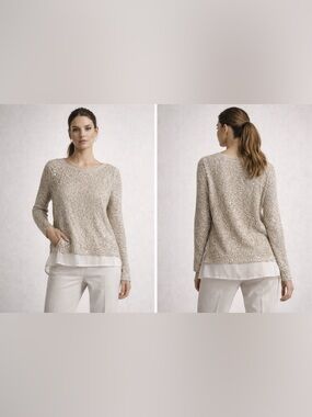 Womens Beige Knit Sweater M TOZ & ALI Layered Chiffon Hem Sequin Boho Lightweigh